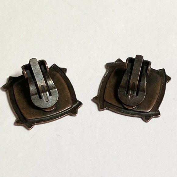 Vintage Copper Enamel Clip On Earrings Orange Red Swirl Artisan Unsigned - Picture 7 of 10